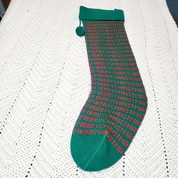 Red & Green "Merry Christmas " Knit Christmas Stocking - Picture 2 of 6